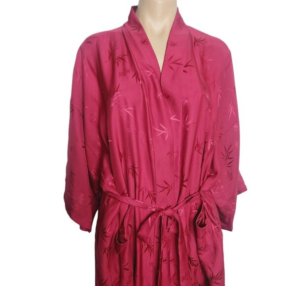 Vintage Jade Lantern Burgundy Silk Short Leaves Leaf Print Robe Size Large - Picture 2 of 10